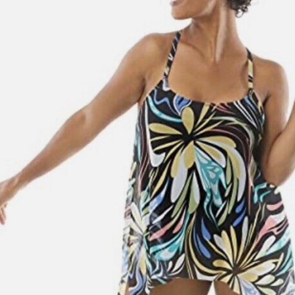 COCO Reef Contours Current Bra Sized Mesh Layer Tankini Top in Retro Swirl 36D - Picture 5 of 9
